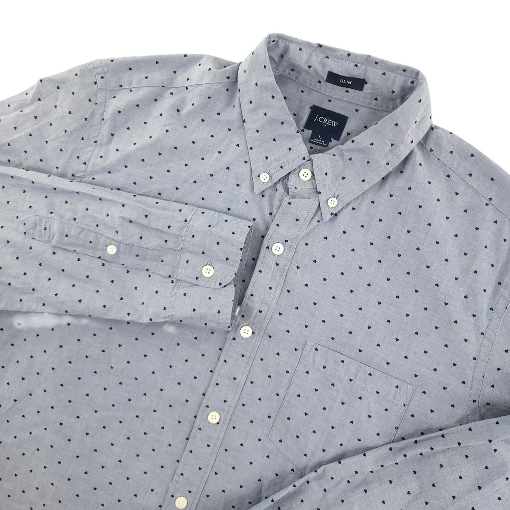 J.Crew‎ Shirt Mens L Blue Heart Print Long Sleeve Button Down Slim Fit Casual